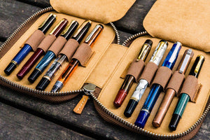 Leather Zippered 10 Slots Pen Case - Crazy Horse Brown-Galen Leather