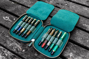 Leather Zippered 10 Slots Pen Case - Crazy Horse Forest Green-Galen Leather