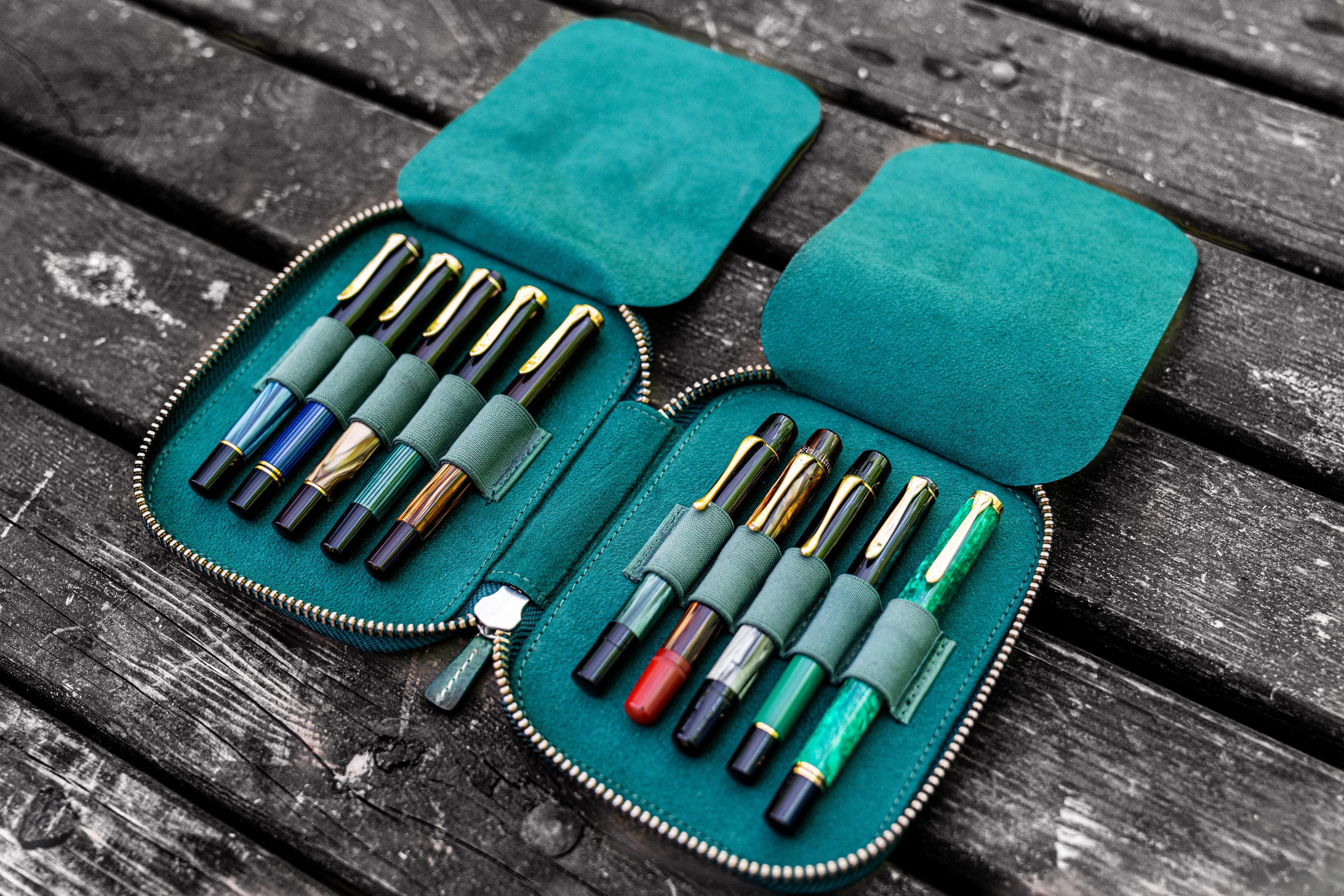 Leather Zippered 10 Slots Pen Case - Crazy Horse Forest Green-Galen Leather