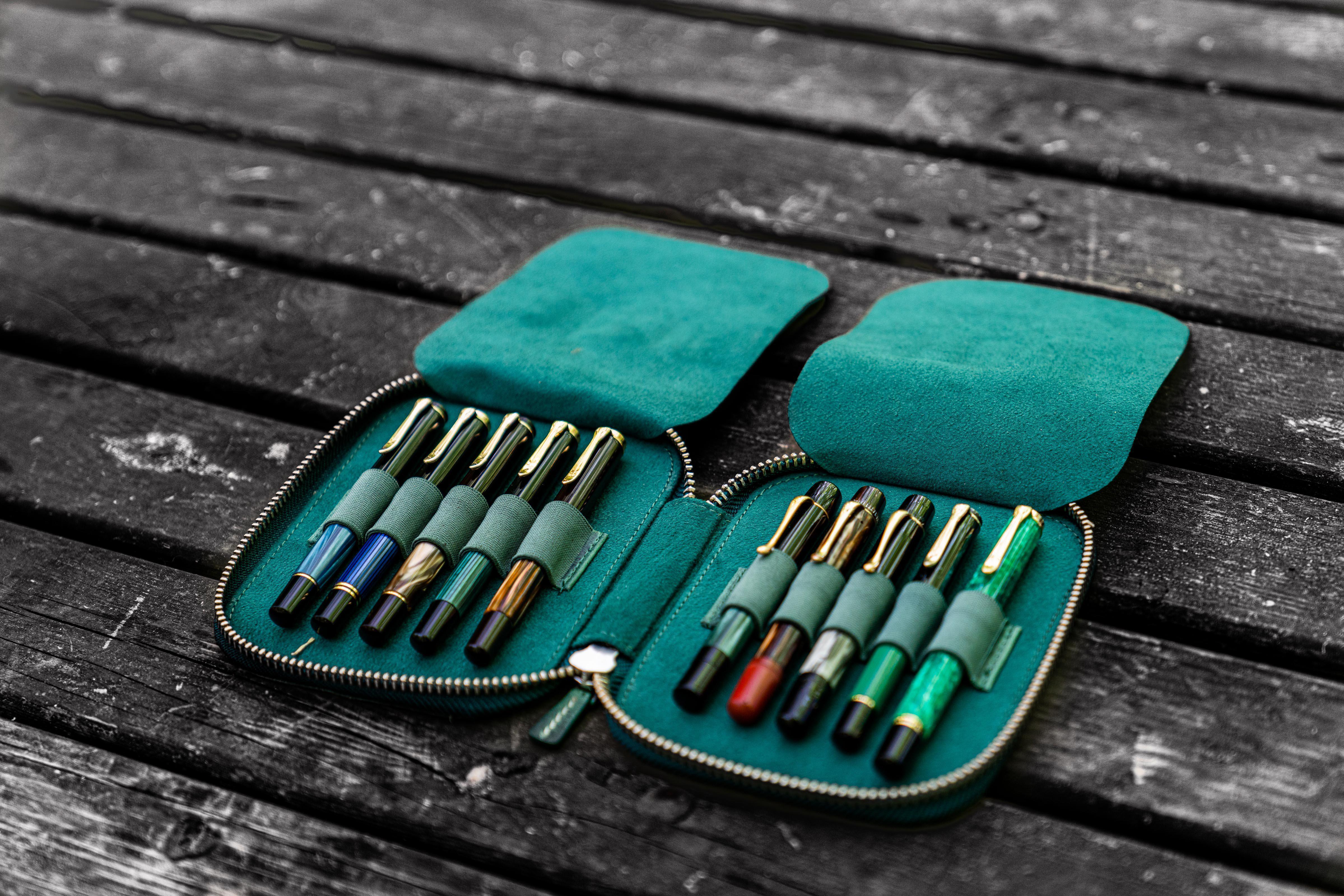 Leather Zippered 10 Slots Pen Case - Crazy Horse Forest Green-Galen Leather