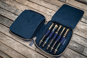 Leather Zippered 10 Slots Pen Case - Crazy Horse Navy Blue-Galen Leather