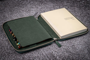 Leather Zippered 10 Slots Pen Case with A5 Notebook Holder - Crazy Horse Forest Green-Galen Leather