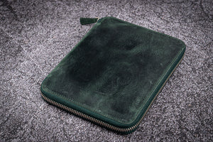 Leather Zippered 10 Slots Pen Case with A5 Notebook Holder - Crazy Horse Forest Green-Galen Leather