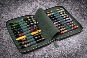Leather Zippered 20 Slots Pen Case - Crazy Horse Forest Green-Galen Leather