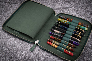 Leather Zippered 20 Slots Pen Case - Crazy Horse Forest Green-Galen Leather