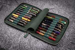 Leather Zippered 20 Slots Pen Case - Crazy Horse Forest Green-Galen Leather