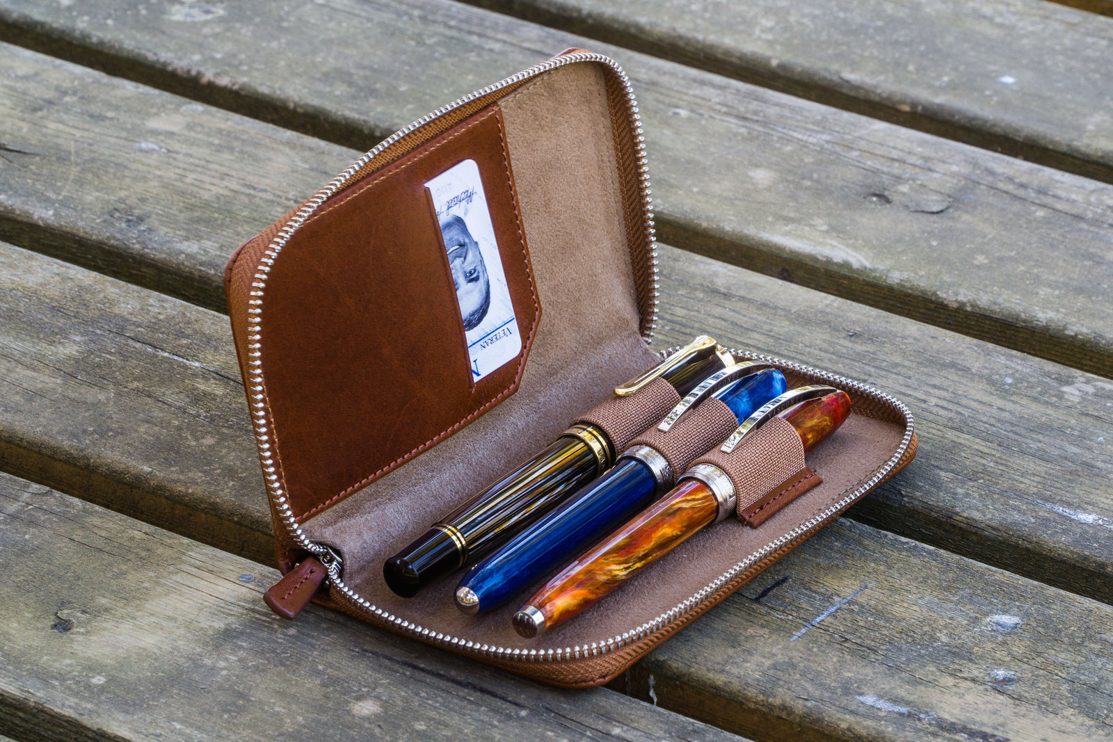 Leather Zippered 3 Slots Pen Case - Brown-Galen Leather