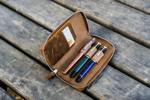 Leather Zippered 3 Slots Pen Case - Crazy Horse Brown-Galen Leather