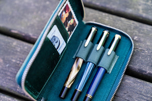 Leather Zippered 3 Slots Pen Case - Crazy Horse Forest Green-Galen Leather