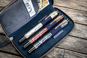 Leather Zippered 3 Slots Pen Case - Crazy Horse Navy Blue-Galen Leather