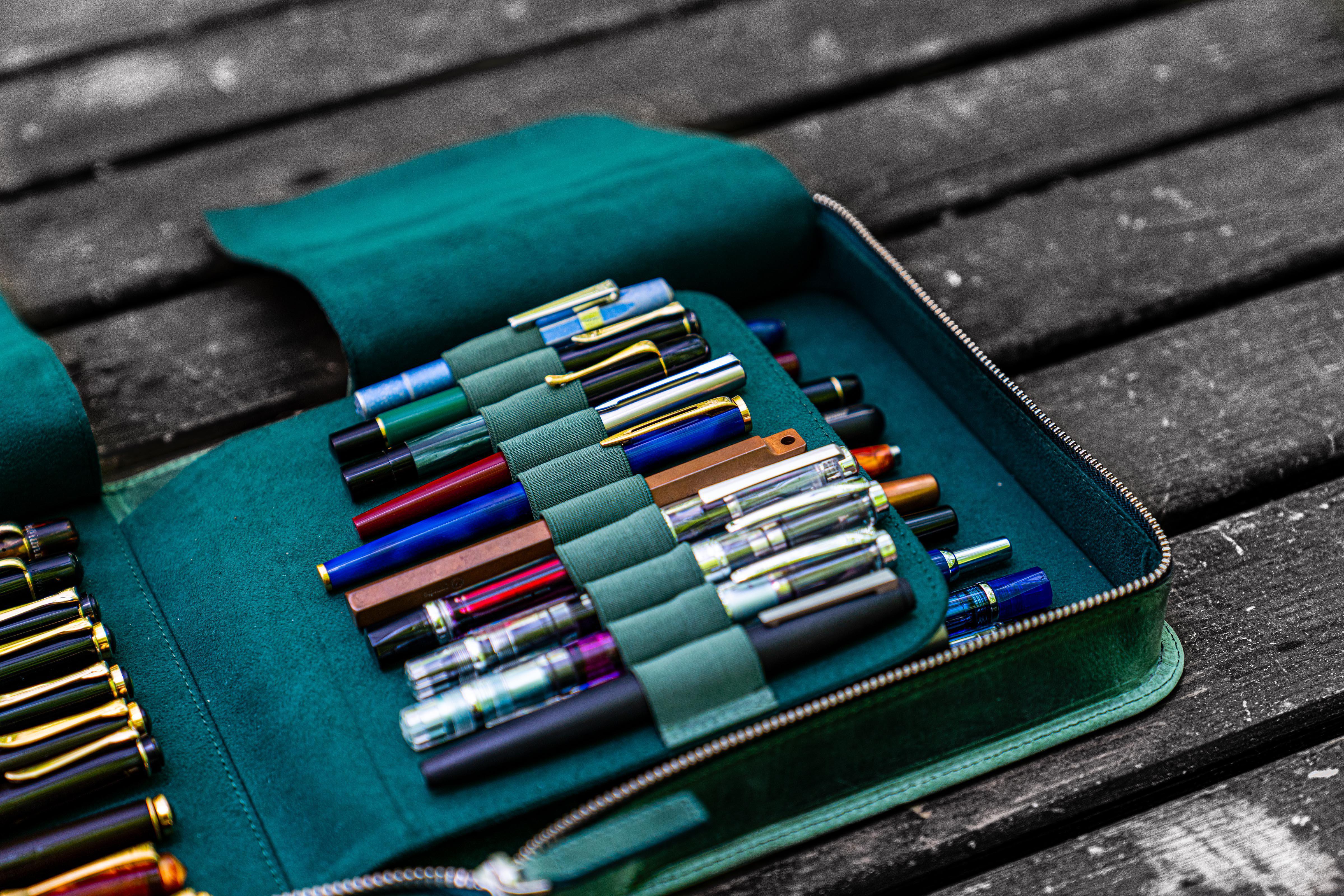 Leather Zippered 40 Slots Pen Case - Crazy Horse Forest Green-Galen Leather