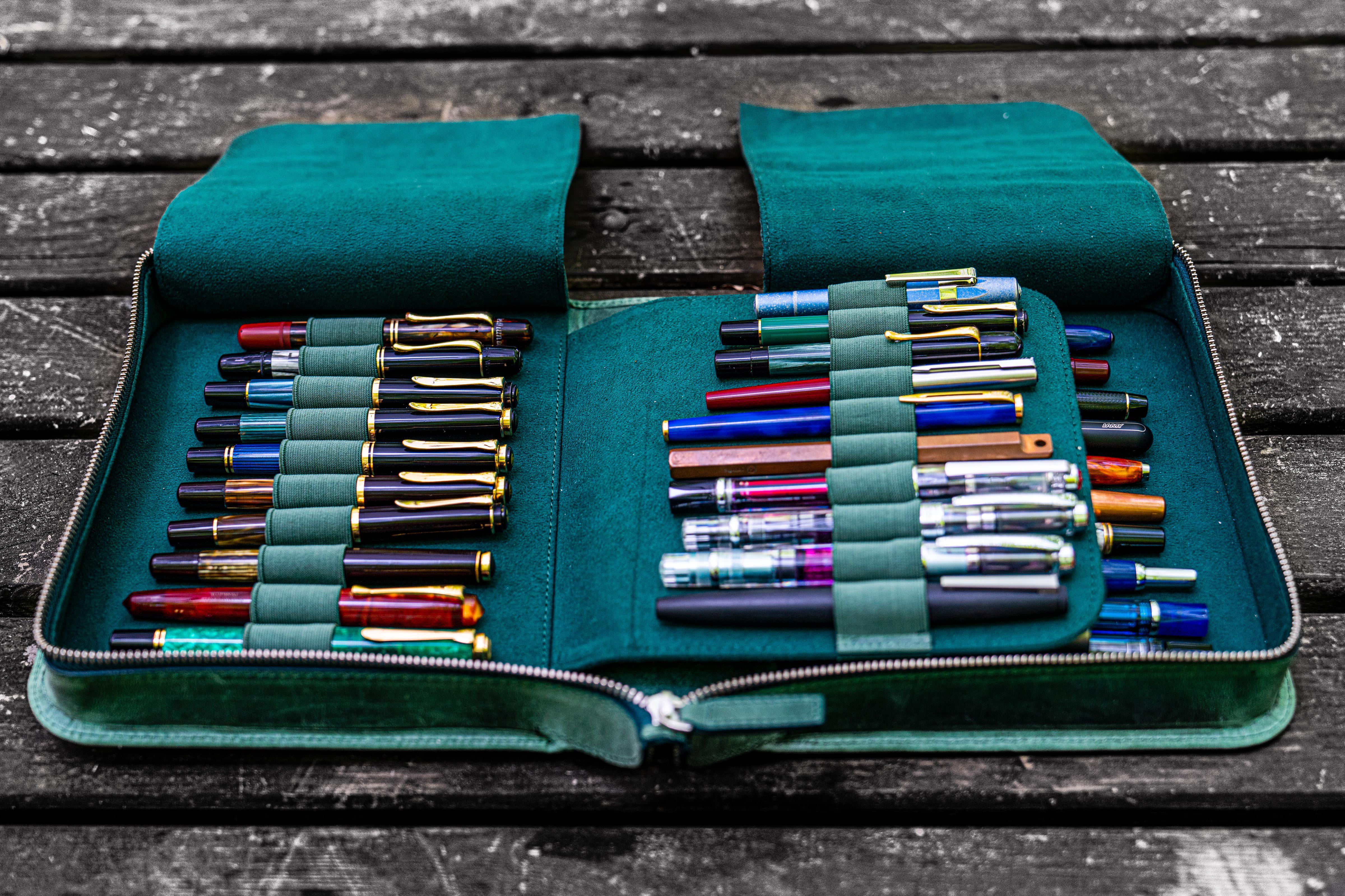 Leather Zippered 40 Slots Pen Case - Crazy Horse Forest Green-Galen Leather