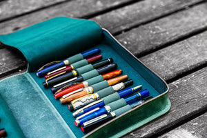 Leather Zippered 40 Slots Pen Case - Crazy Horse Forest Green-Galen Leather
