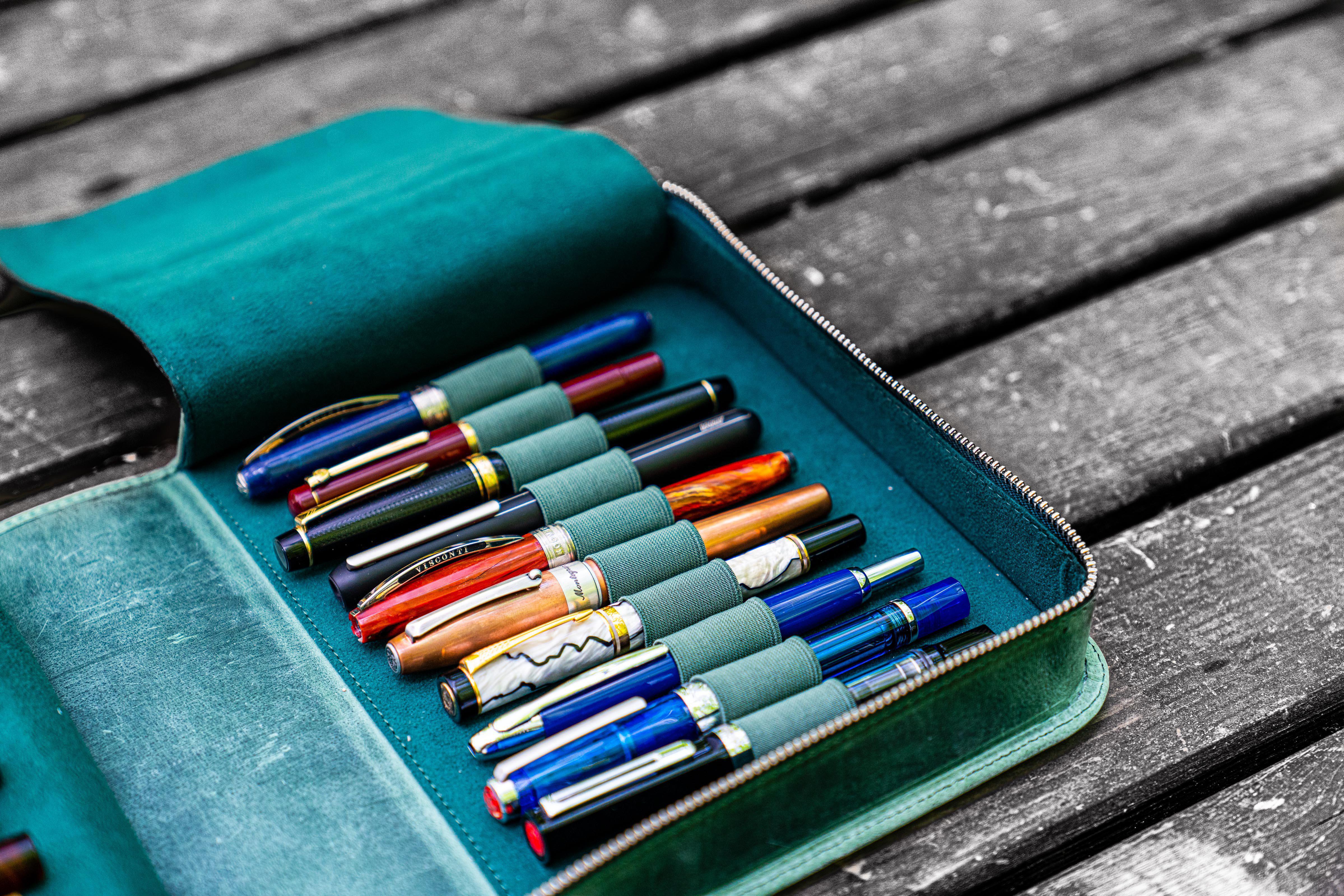 Leather Zippered 40 Slots Pen Case - Crazy Horse Forest Green-Galen Leather