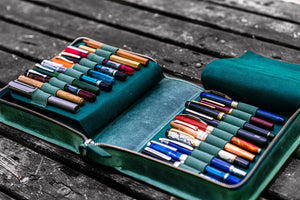 Leather Zippered 40 Slots Pen Case - Crazy Horse Forest Green-Galen Leather