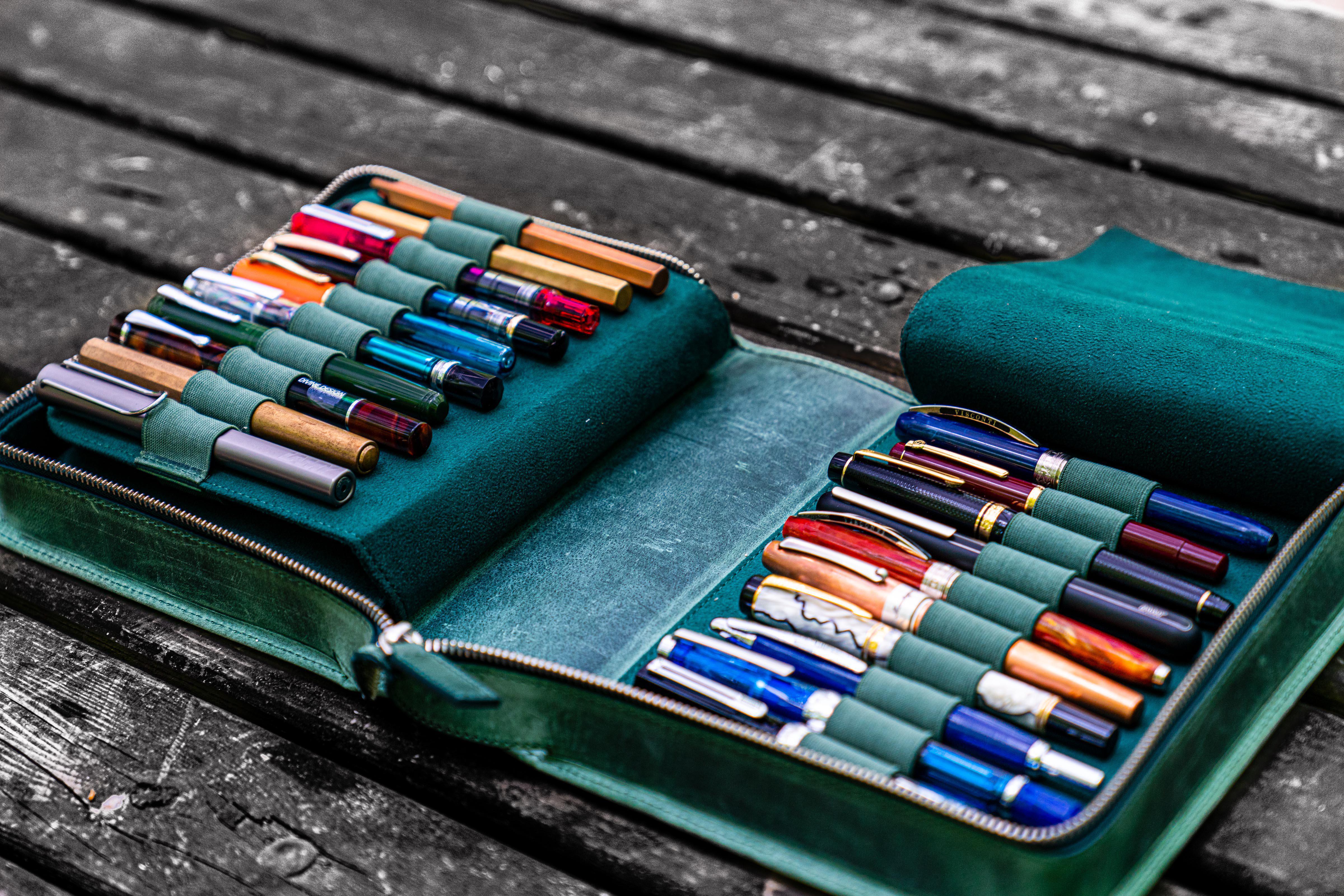 Leather Zippered 40 Slots Pen Case - Crazy Horse Forest Green-Galen Leather