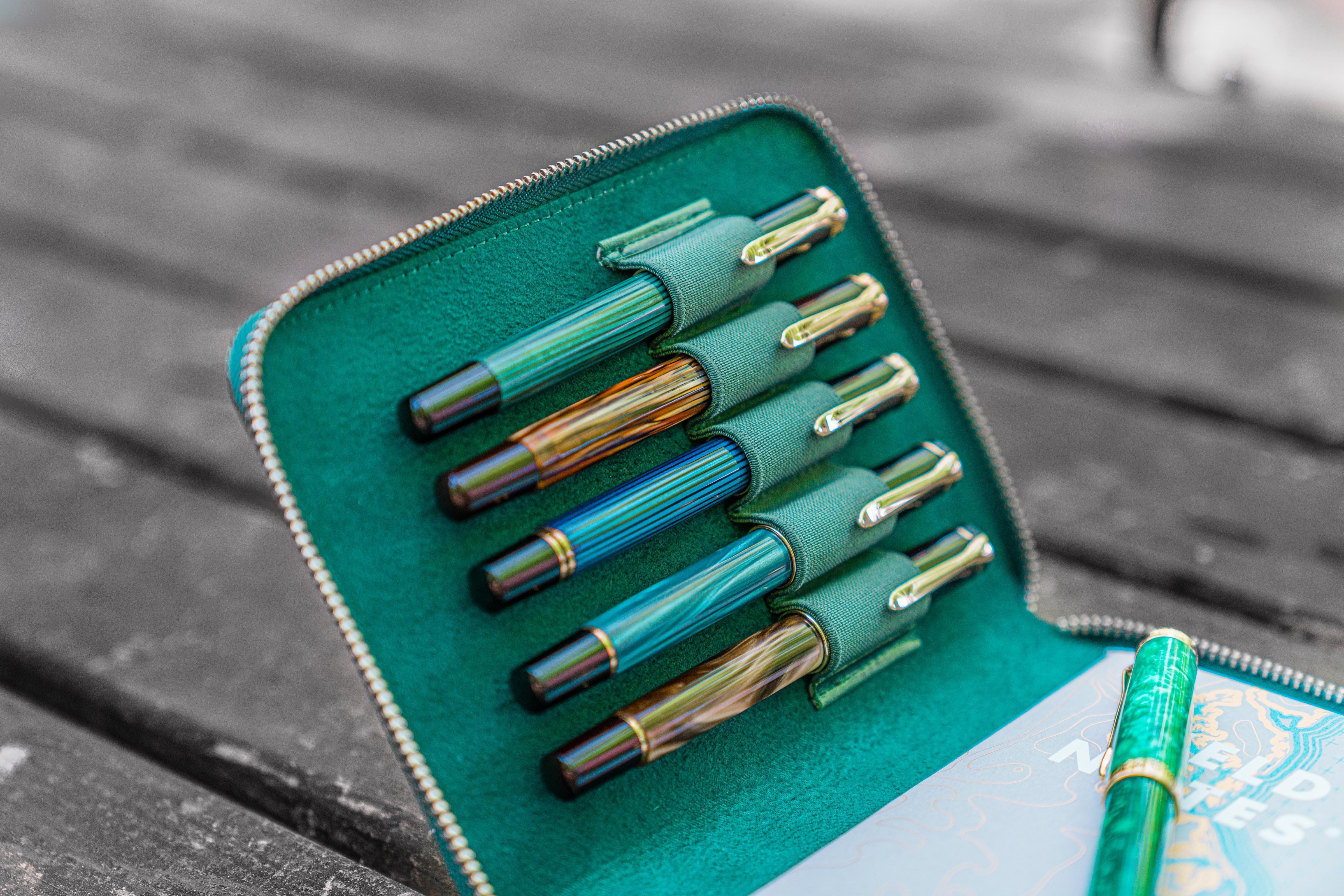 Leather Zippered 5 Slots Pen Case - Crazy Horse Forest Green-Galen Leather