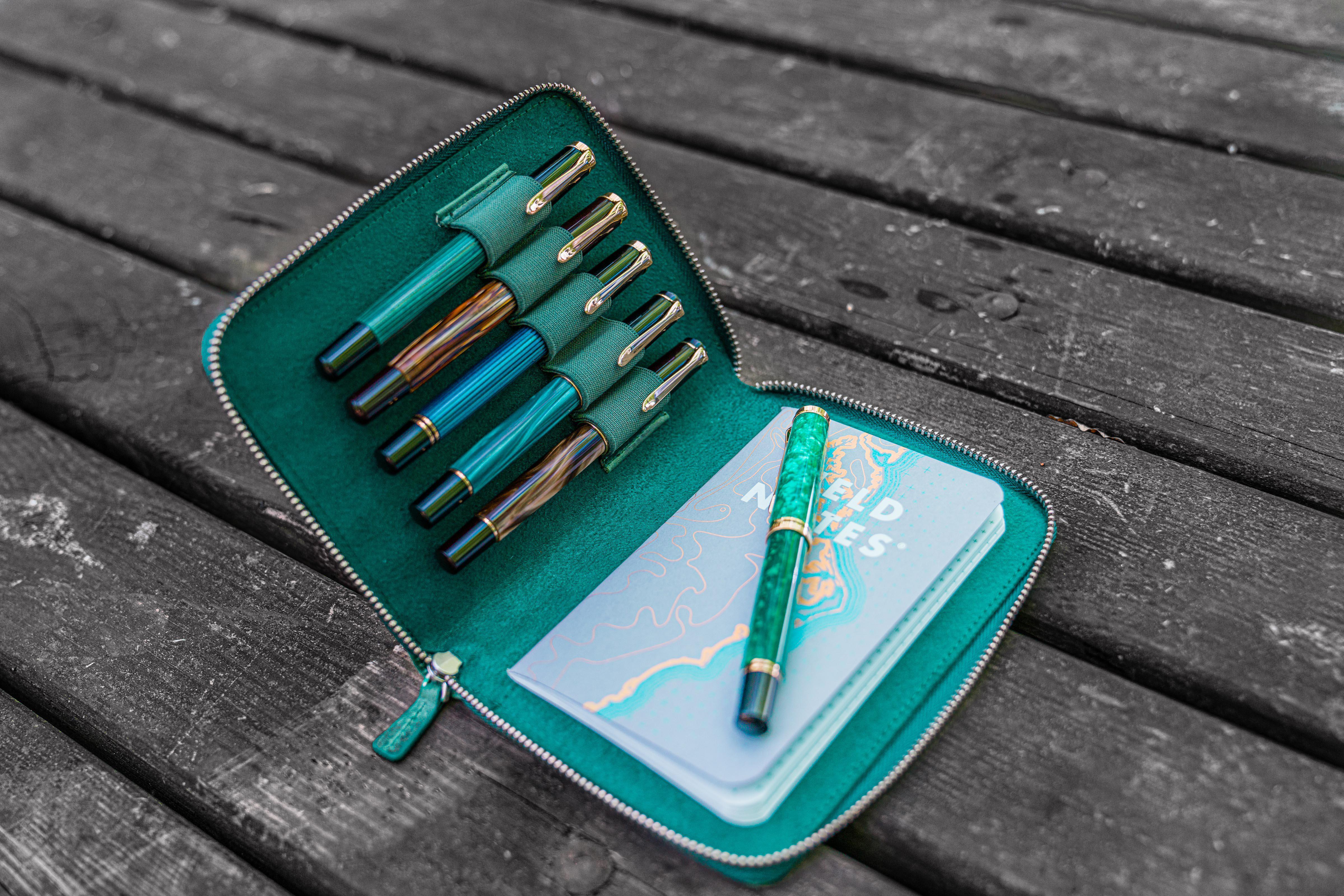 Leather Zippered 5 Slots Pen Case - Crazy Horse Forest Green-Galen Leather