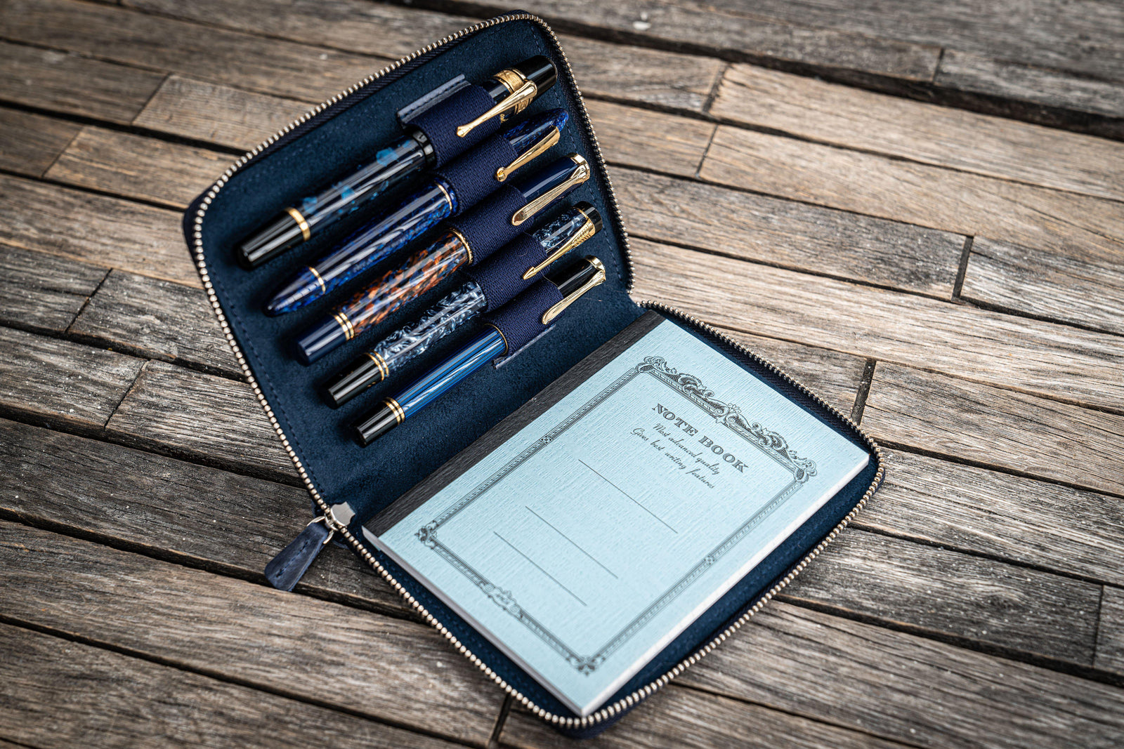 Leather Zippered 5 Slots Pen Case - Crazy Horse Navy Blue-Galen Leather