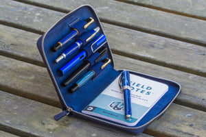 Leather Zippered 5 Slots Pen Case - Navy Blue-Galen Leather
