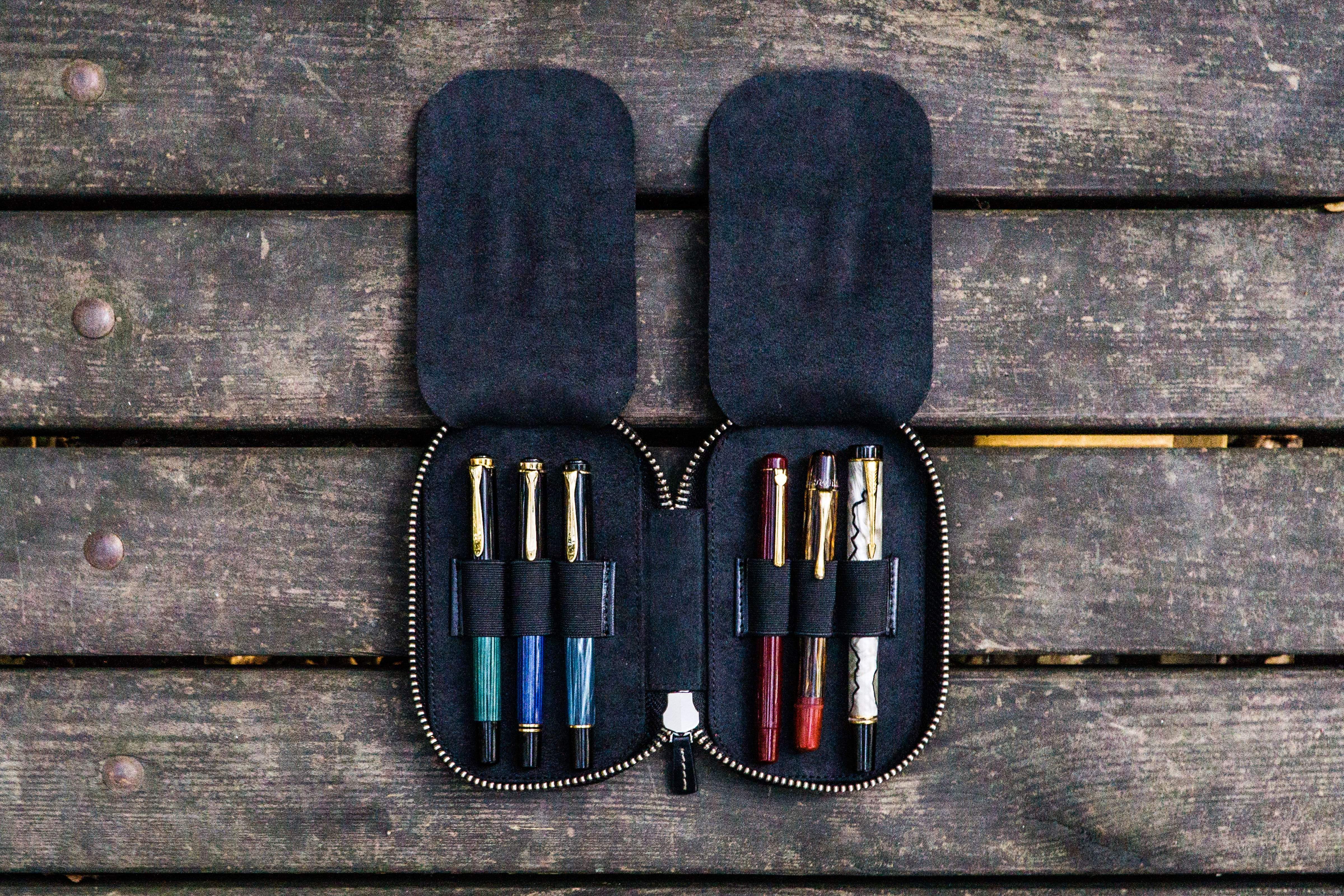 Leather Zippered 6 Slots Pen Case - Black-Galen Leather