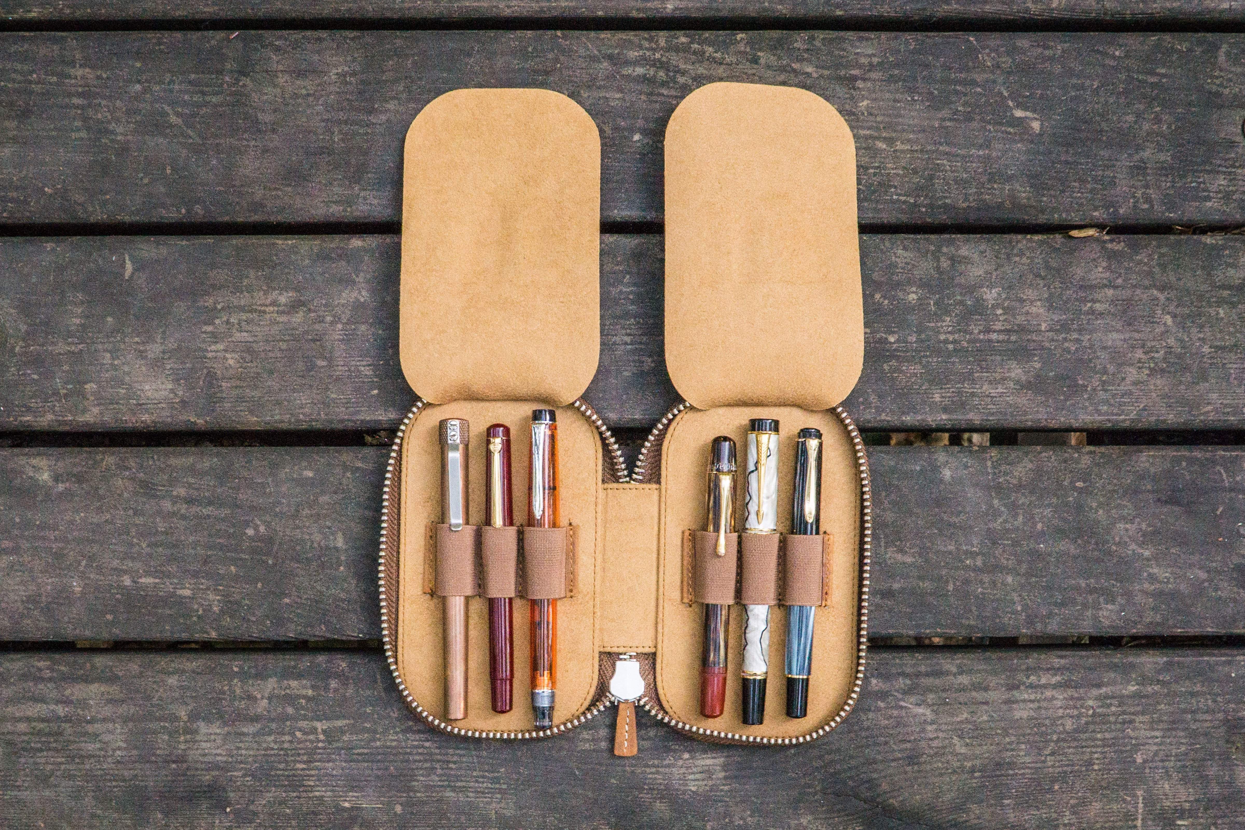 Leather Zippered 6 Slots Pen Case - Crazy Horse Brown-Galen Leather