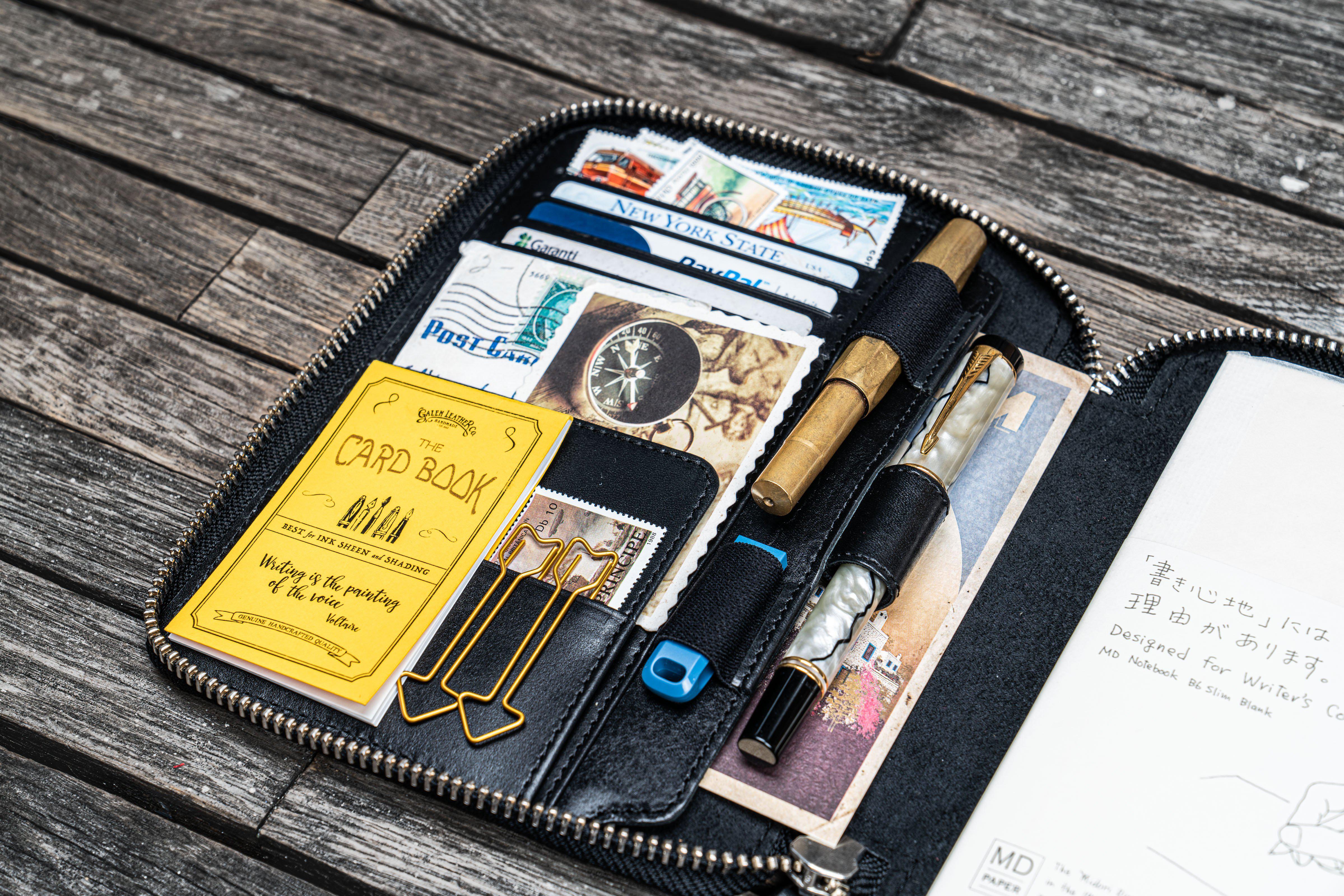 Handmade Black Leather Zippered B6 / B6 Slim Planner & Notebook Folio - Galen Leather