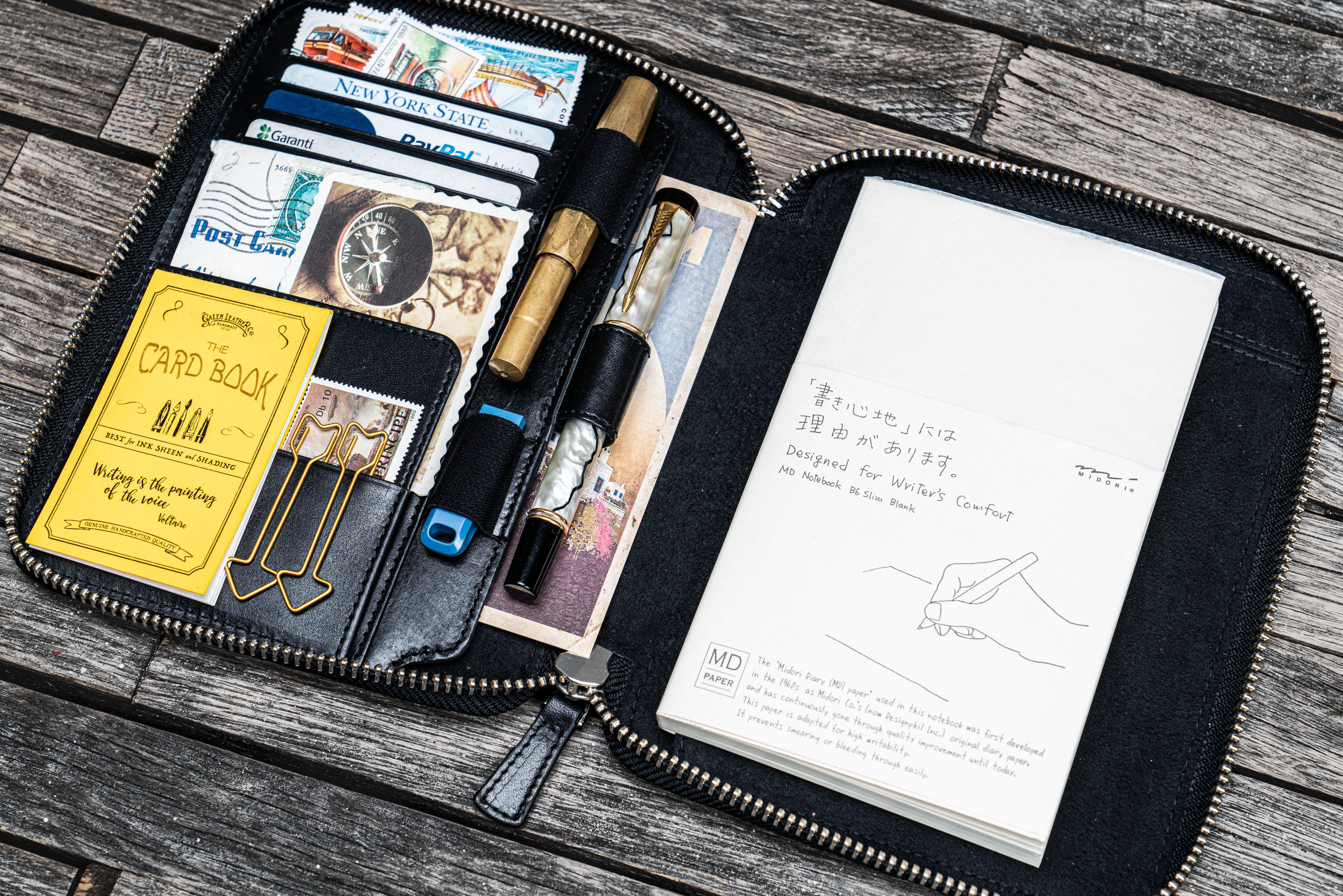 Handmade Black Leather Zippered B6 / B6 Slim Planner & Notebook Folio - Galen Leather