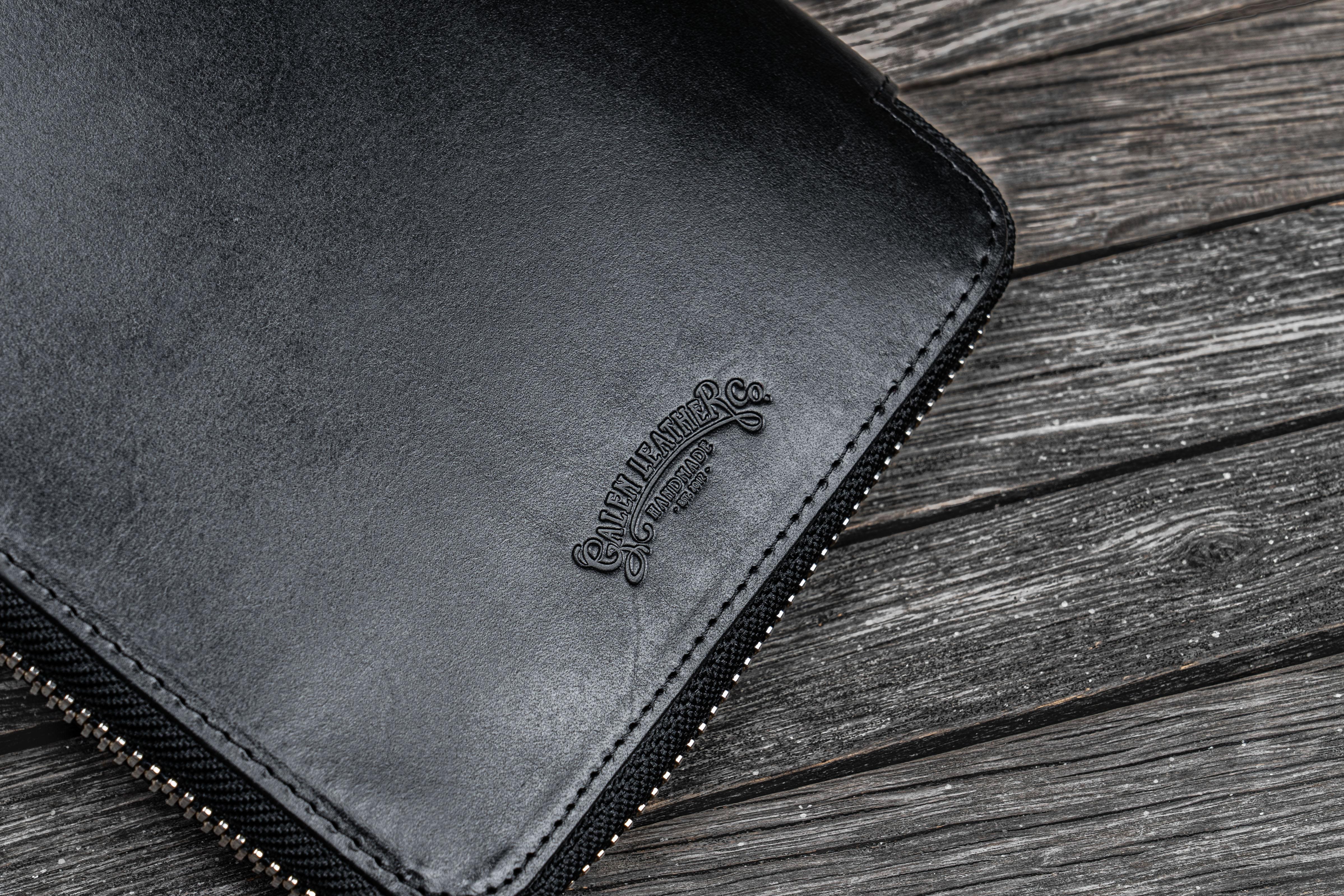 Handmade Black Leather Zippered B6 / B6 Slim Planner & Notebook Folio - Galen Leather Logo
