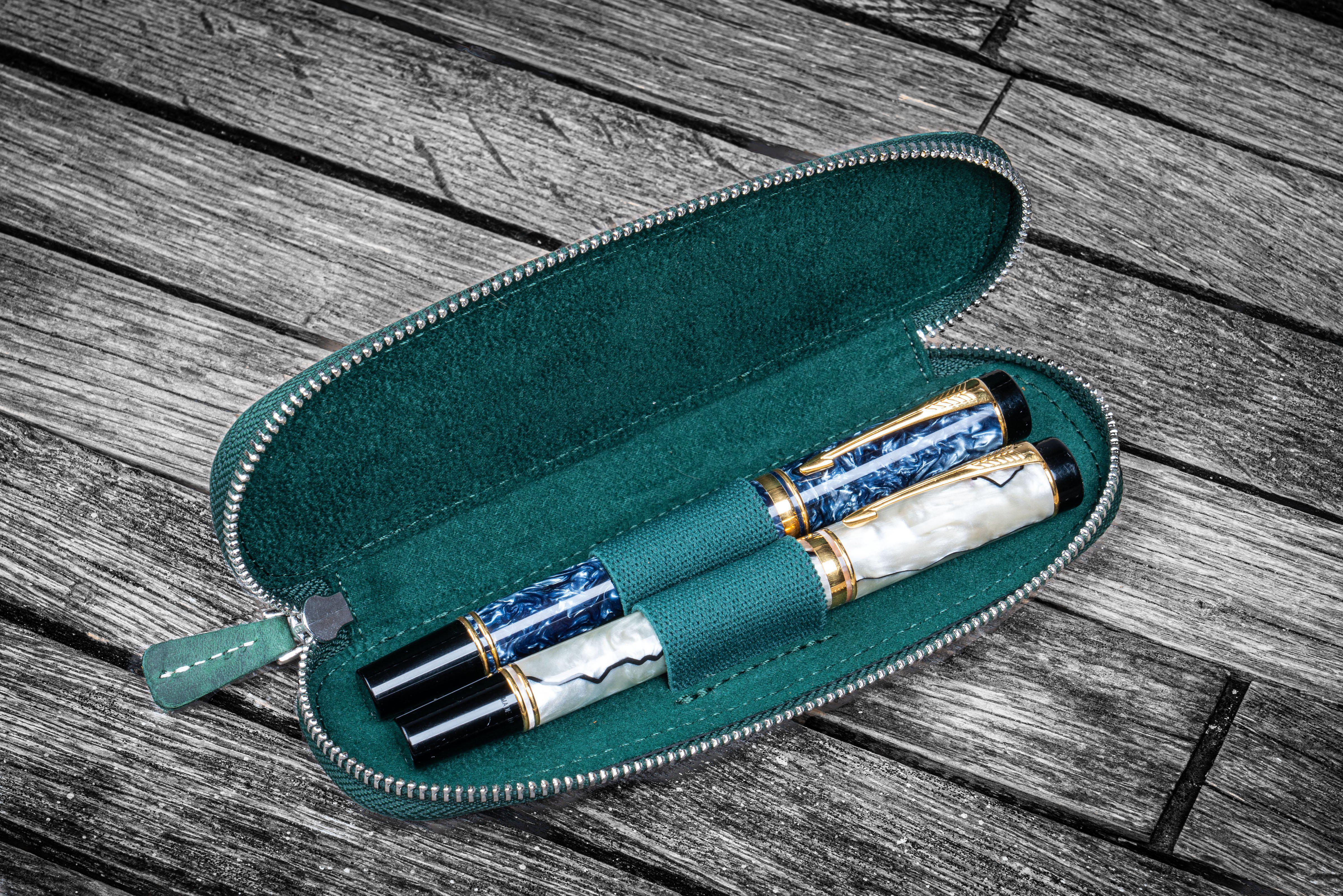 Leather Zippered Duo Slim Pen Case for 2 Pens - Crazy Horse Forest Green-Galen Leather