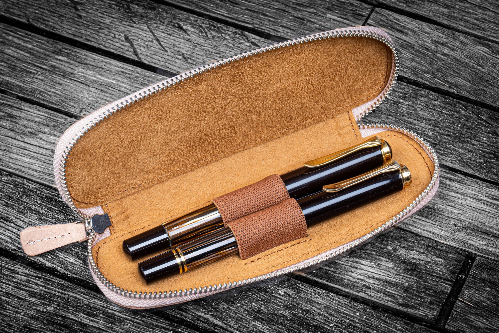 Leather Zippered Duo Slim Pen Case for 2 Pens - Undyed Leather-Galen Leather