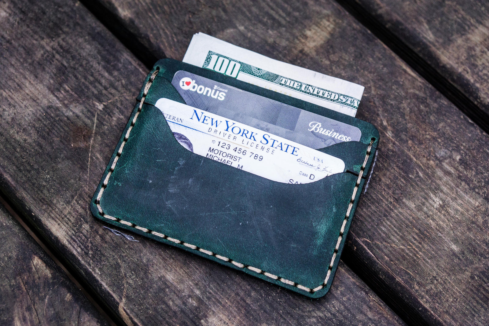 No.40 Handmade Leather Slim Card Wallet - Crazy Horse Forest Green-Galen Leather