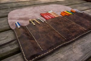 Personalized Leather Pen Roll - Rustic Dark Brown-Galen Leather