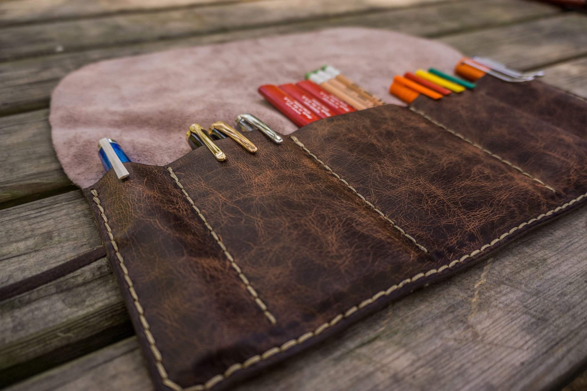 Personalized Leather Pen Roll - Rustic Dark Brown-Galen Leather