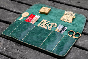 Personalized Leather Pen Roll - Rustic Green-Galen Leather
