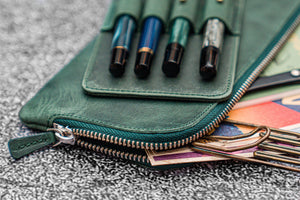 Slip-N-Zip 4 Slots Zippered Pen Pouch - Crazy Horse Forest Green-Galen Leather