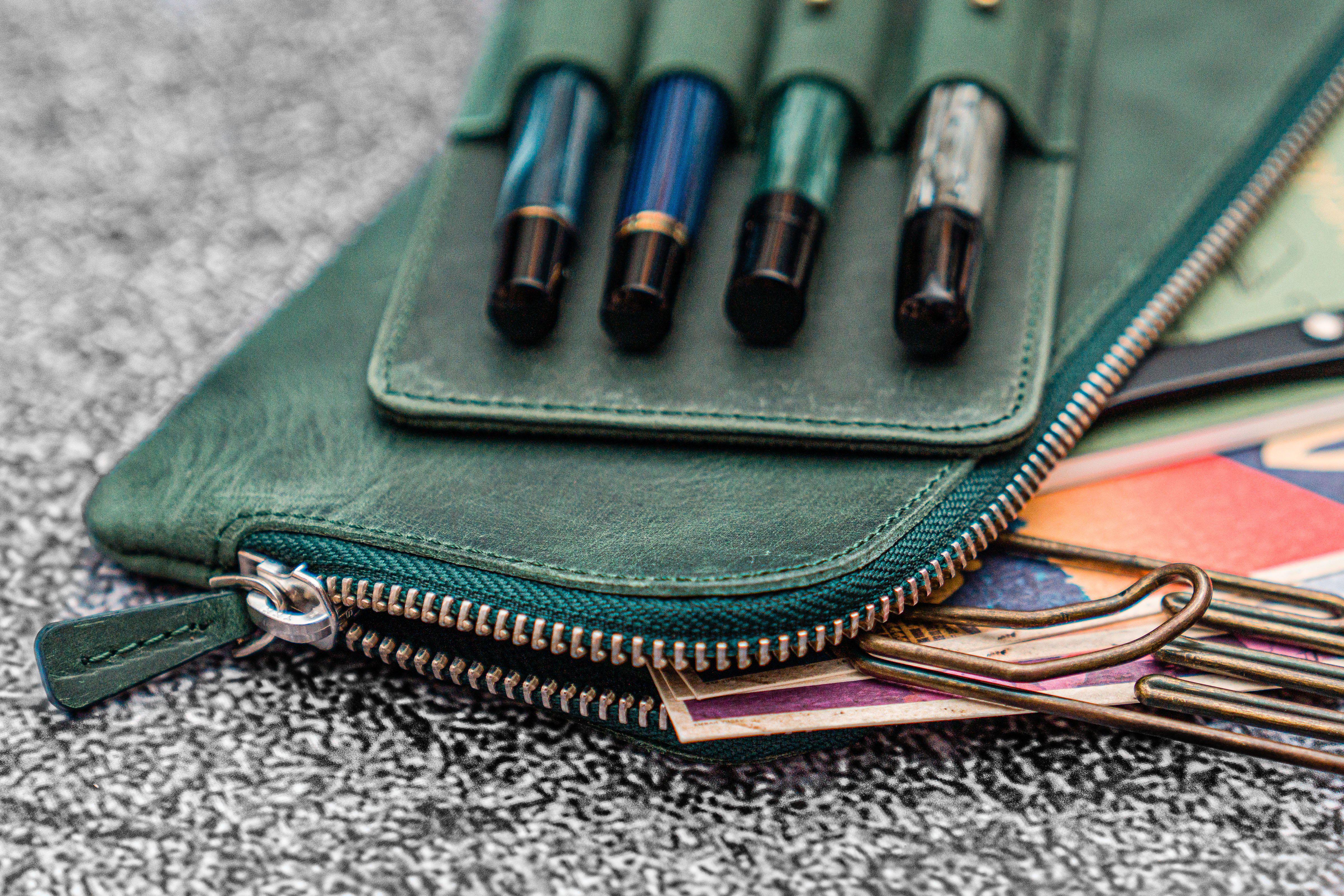 Slip-N-Zip 4 Slots Zippered Pen Pouch - Crazy Horse Forest Green-Galen Leather