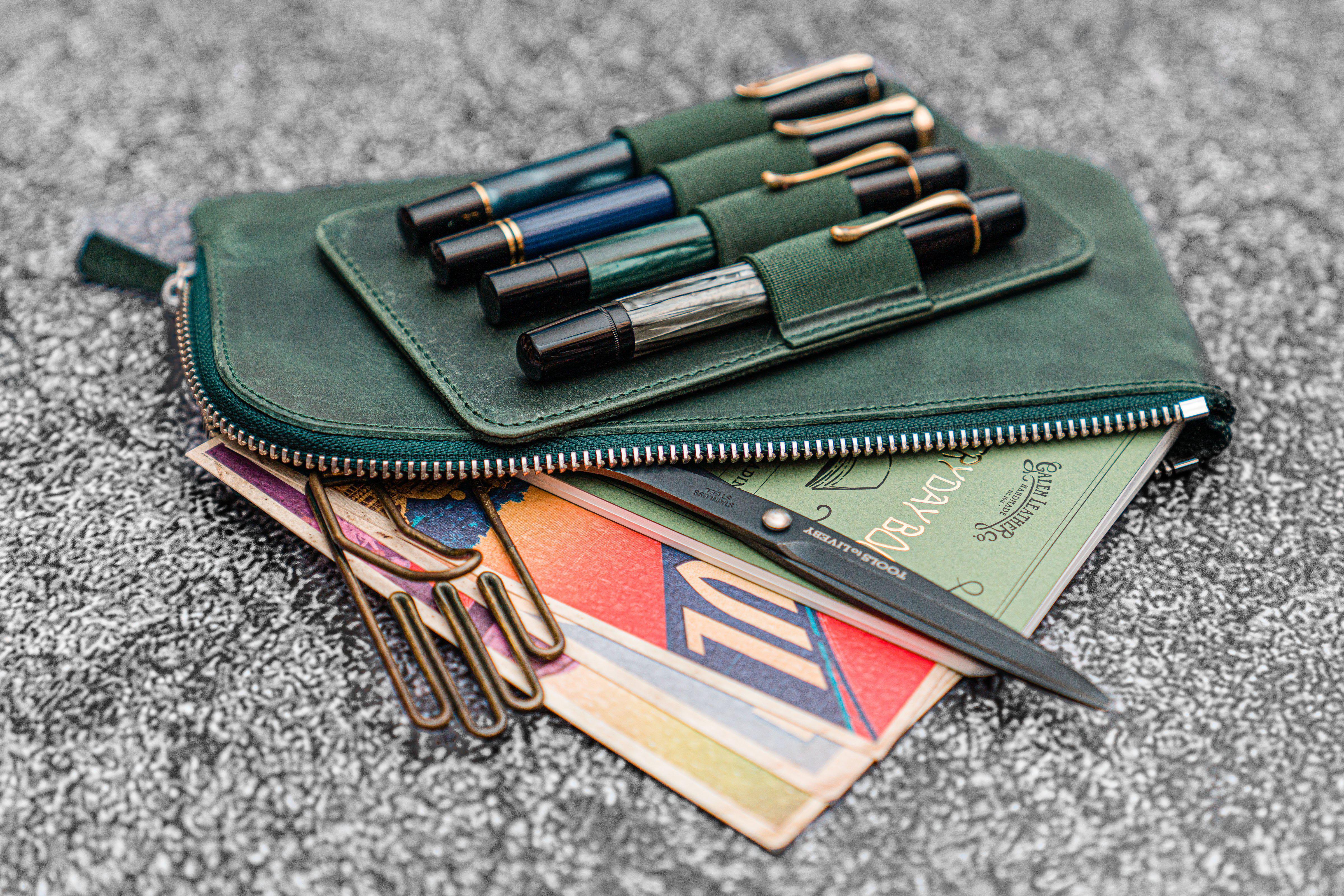Slip-N-Zip 4 Slots Zippered Pen Pouch - Crazy Horse Forest Green-Galen Leather