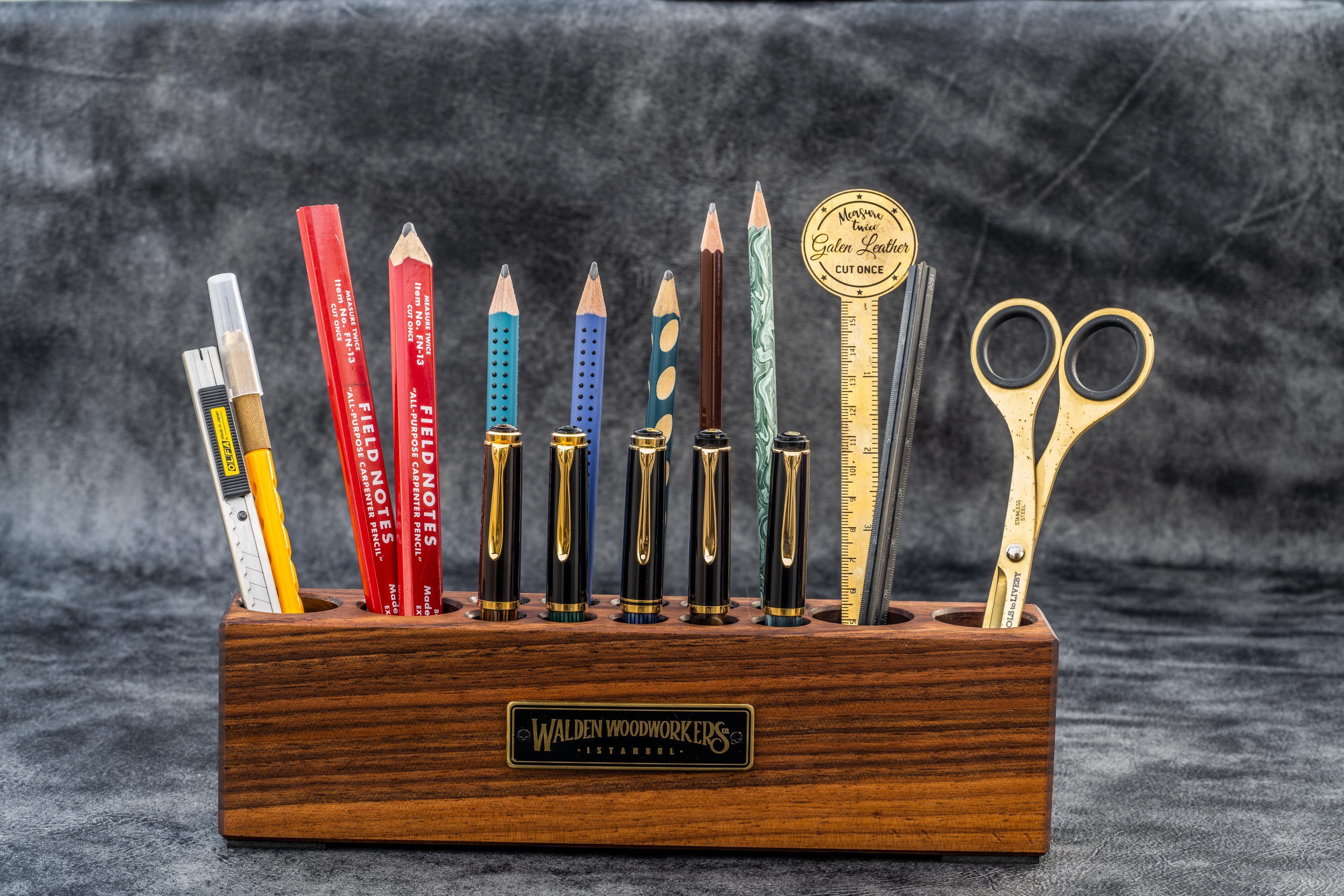 Wood Desk Organizer - Pen and Tool Holder - Walnut-Galen Leather