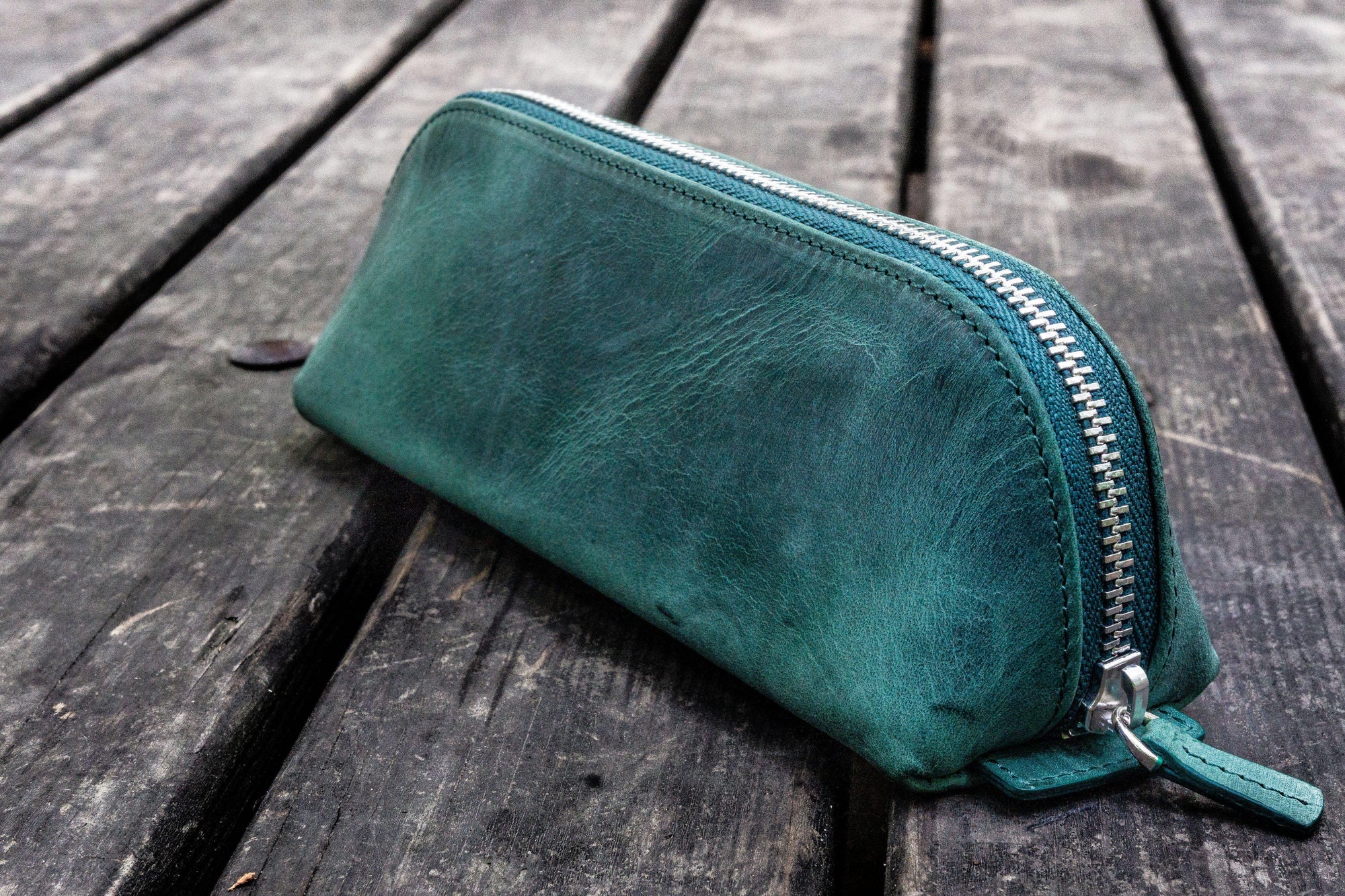 XLarge Zipper Leather Pencil Case - Crazy Horse Forest Green-Galen Leather