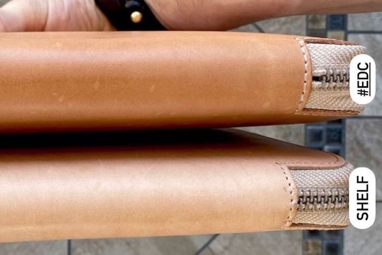 the leather patina of two different leather notebooks