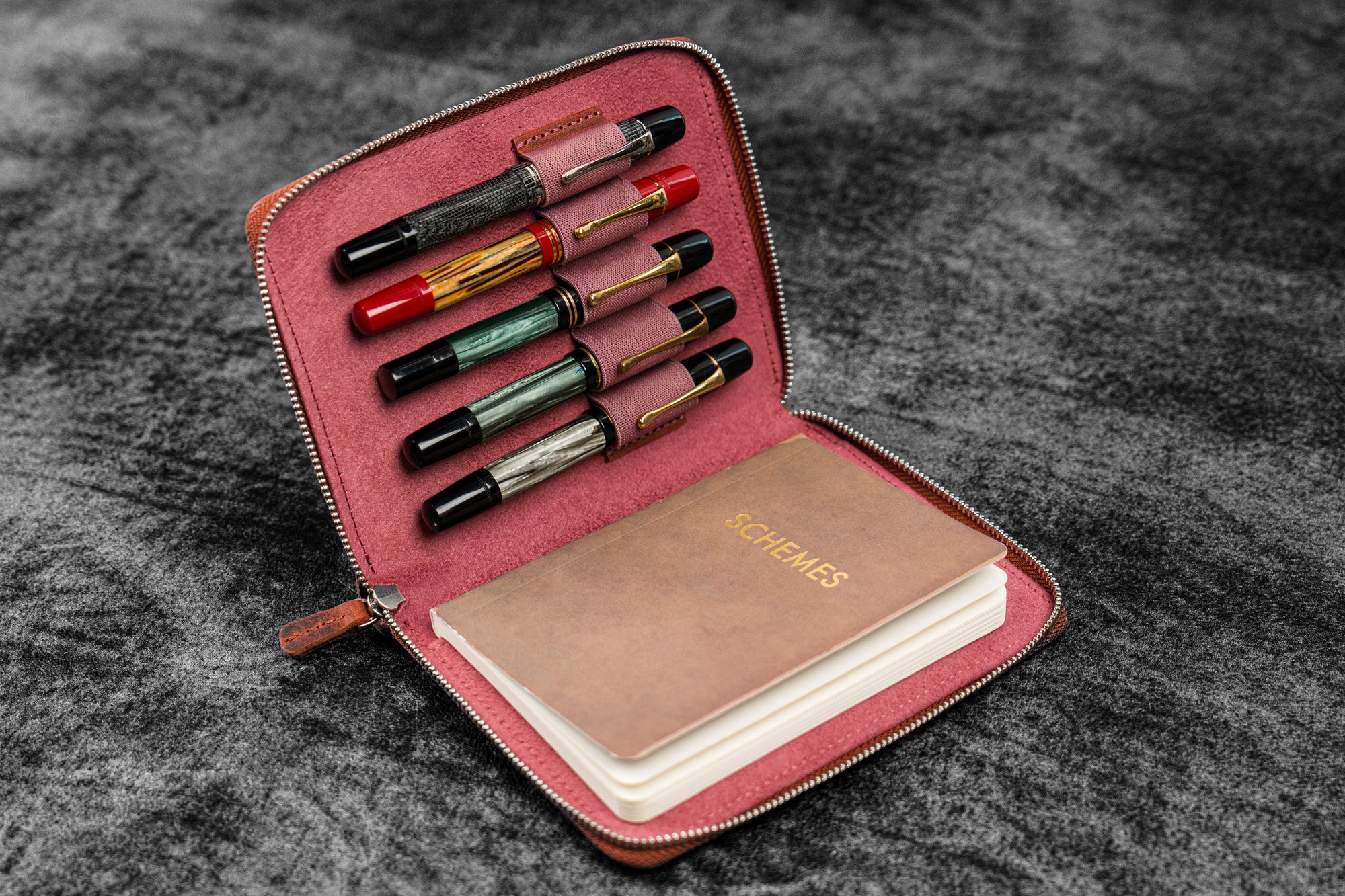 Leather Zippered 5 Slots Pen Case - Crazy Horse Orange