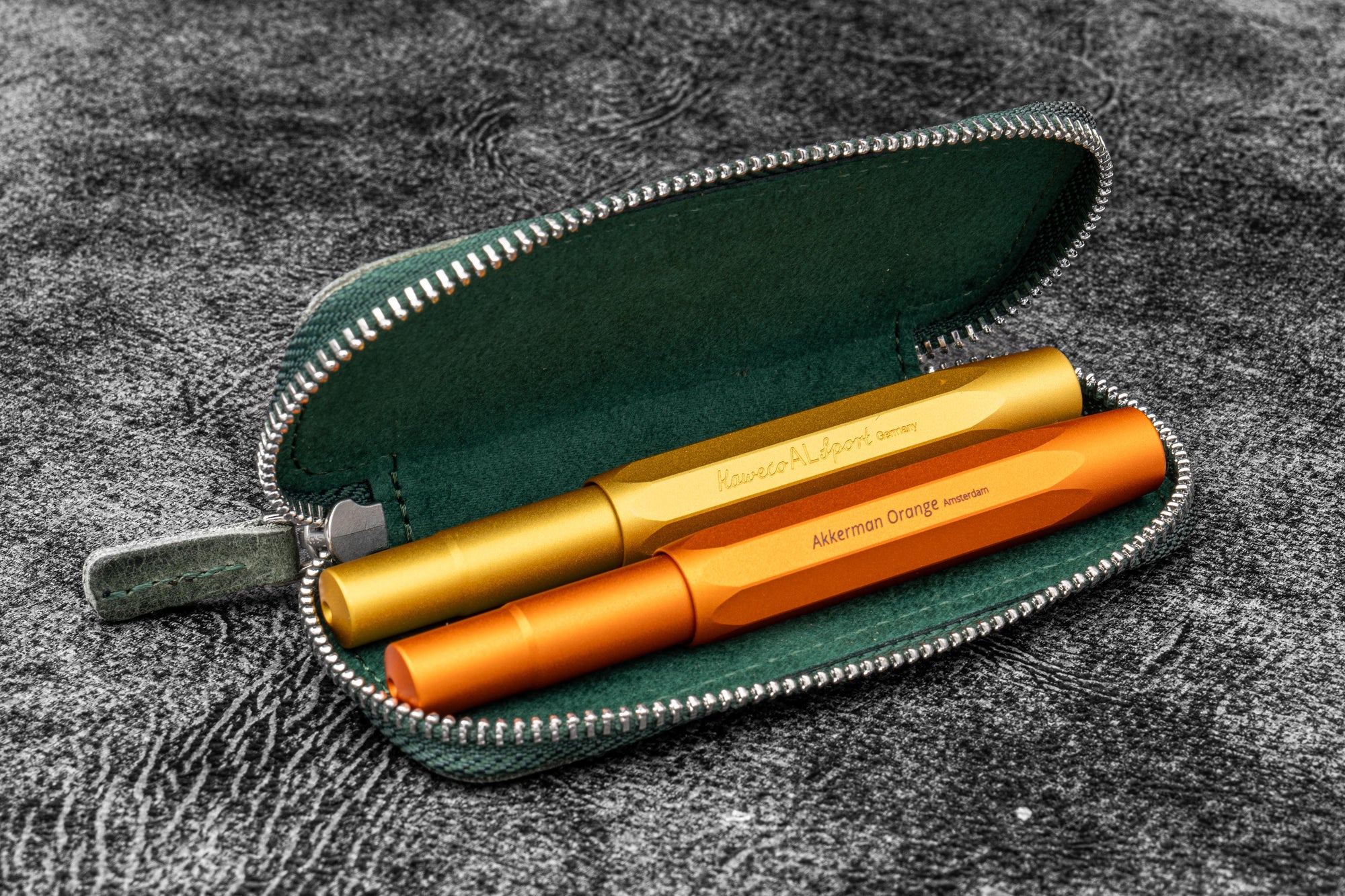 Leather Zippered Double Pen Case for Kaweco - Pocket Pen - Crazy Horse Forest Green