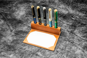 The Writer’s Pen Dock - 5 Slots Pen Stand with Notepad Holder - Crazy Horse Tan