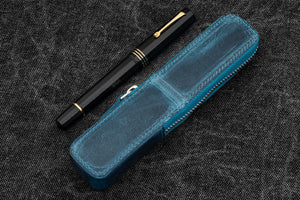 Leather Zippered Magnum Opus Single Hard Pen Case For Oversized Pens & Namiki  Emperor - Crazy Horse Ocean Blue