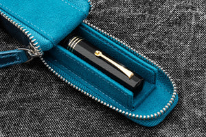 Leather Zippered Magnum Opus Single Hard Pen Case For Oversized Pens & Namiki  Emperor - Crazy Horse Ocean Blue