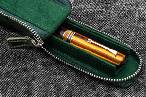 Leather Zippered Magnum Opus Single Hard Pen Case For Oversized Pens & Namiki  Emperor - Crazy Horse Forest Green