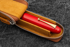 Leather Zippered Magnum Opus Single Hard Pen Case For Oversized Pens & Namiki  Emperor - Crazy Horse Brown