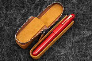 Leather Zippered Magnum Opus Single Hard Pen Case For Oversized Pens & Namiki  Emperor - Crazy Horse Brown