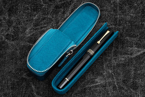 Leather Zippered Magnum Opus Single Hard Pen Case For Oversized Pens & Namiki  Emperor - Crazy Horse Ocean Blue